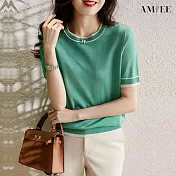 【AMIEE】甜美撞色邊條針織上衣(KDT-7444) F 綠色