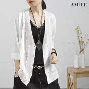 【AMIEE】輕柔透膚排扣針織外套(KDC-3095) XL 白色