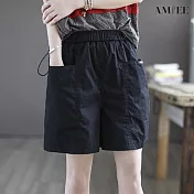 【AMIEE】輕薄舒適鬆緊棉麻短褲(KDP-0567) L 黑色