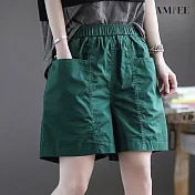 【AMIEE】輕薄舒適鬆緊棉麻短褲(KDP-0567) L 綠色