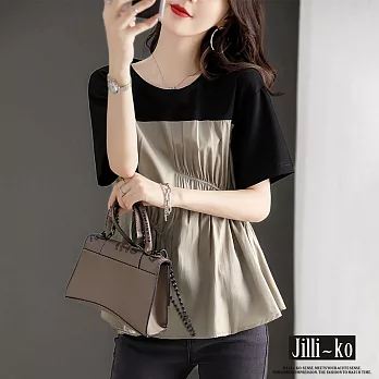 【Jilli~ko】韓版新款拼接時尚休閒寬鬆圓領設計感上衣 J8838　 FREE 綠卡其