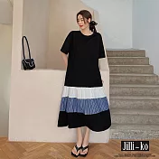 【Jilli~ko】韓版夏季新款大碼撞色拼接圓領連衣裙 J8885　 FREE 黑色