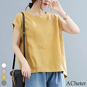 【ACheter】 千葉刺繡棉麻輕鬆休閒上衣# 112193 L 黃色