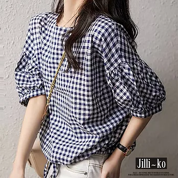 【Jilli~ko】夏季新款圓領五分燈籠袖休閒時尚設計感上衣 J8917　 FREE 藍色