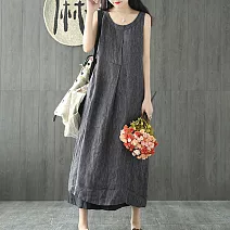【ACheter】 京都條紋棉麻文藝大碼寬鬆背心洋裝# 112255 M 黑色