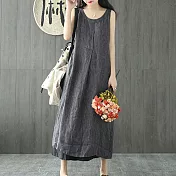 【ACheter】 京都條紋棉麻文藝大碼寬鬆背心洋裝# 112255 XL 黑色