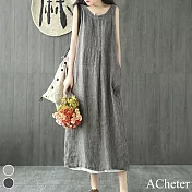 【ACheter】 京都條紋棉麻文藝大碼寬鬆背心洋裝# 112255 L 灰色