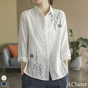 【ACheter】 恬靜優雅刺繡花棉麻襯衫防曬外罩# 112259 M 白色