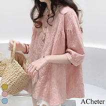 【ACheter】 日本系寬鬆緹花棉麻娃娃襯衫上衣# 112296 M 粉紅色