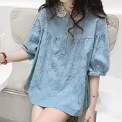 【ACheter】 日本系寬鬆緹花棉麻娃娃襯衫上衣# 112296 XL 藍色
