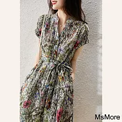 【MsMore】 清新數位印花系帶氣質顯瘦洋裝# 112342 M 花紋