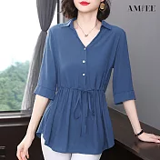 【AMIEE】中長版氣質修身顯瘦襯衫(KDT-8771) M 寶藍