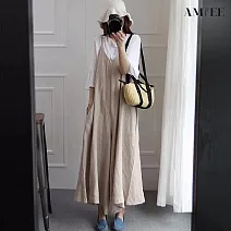 【AMIEE】垂墜感寬鬆棉麻洋裝(KDD-7329) M 杏色