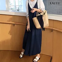 【AMIEE】垂墜感寬鬆棉麻洋裝(KDD-7329) M 藏青