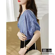 【Jilli~ko】夏季新款泡泡袖圓領低肩直條紋寬鬆上衣 J8900　 FREE 藍色