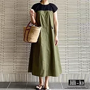 【Jilli~ko】日系休閒寬鬆質感壓褶拼接撞色連衣裙 E0016　 FREE 綠色