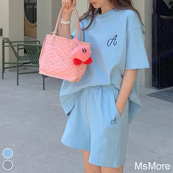 【MsMore】 韓國少女團機場時尚百搭T恤短褲兩件式套裝# 112451 M 藍色
