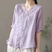【ACheter】 日系棉麻蕾絲刺繡V領氣質寬鬆上衣# 112469 L 紫色