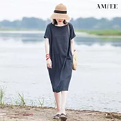 【AMIEE】日系簡約顯瘦復古洋裝(KDD-6097) L 灰藍