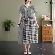 【AMIEE】小清新寬鬆大馬棉麻洋裝(KDD-2244) M 黑格