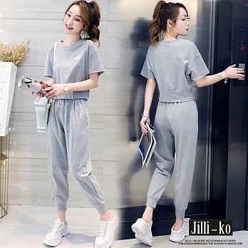 【Jilli~ko】兩件套夏季新款短袖寬鬆休閒時尚運動套裝 J8905　 FREE 灰色