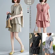 【慢。生活】兩件套夏季短袖棉麻寬鬆大碼女裝套裝 L-XL J8774 L 粉色