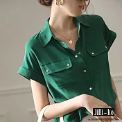 【Jilli~ko】夏季新款純色氣質設計感小眾鈕扣短袖襯衫 E0009　 FREE 綠色
