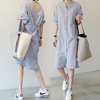 【慢。生活】韓國清新風後扭結露背中長款直條紋襯衫裙 M-L 238　 M 藍色