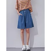 【慢。生活】夏季配色刺繡鬆緊腰設計款口袋A字丹寧短褲 77517  FREE 淺藍色