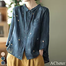 【ACheter】 氣質襯衫文藝印花寬鬆棉麻上衣# 112274 M 藍色