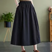 【ACheter】 休閒時尚顯瘦鬆緊腰純色棉麻長裙# 112464 XL 黑色