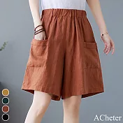 【ACheter】 復古純色寬鬆棉麻大口袋短褲# 112516 L 橘色