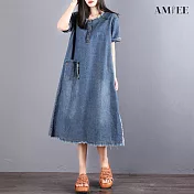 【AMIEE】氣質長版牛仔連身洋裝(KDD-3408) M 牛仔藍