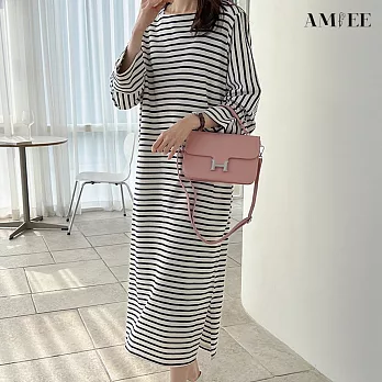 【AMIEE】條紋顯瘦連身洋裝(KDD-8540B) F 黑白條紋