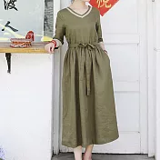 【ACheter】 踏青旅行棉麻文藝寬鬆V領洋裝# 112363 XL 軍綠色