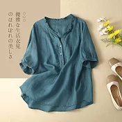 【ACheter】 文藝寬鬆純色簡約V領設計棉麻襯衫上衣# 112405 M 藍色