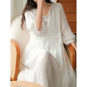 【ACheter】 文藝風系帶舒適時尚V領棉麻洋裝# 112427 XL 白色