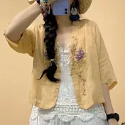 【ACheter】 夏季民族風盤扣V領棉麻刺繡罩衫# 112460 M 黃色