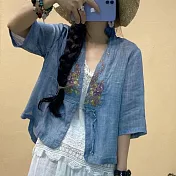 【ACheter】 夏季民族風盤扣V領棉麻刺繡罩衫# 112460 M 藍色