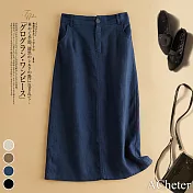 【ACheter】 森林系復古棉麻寬鬆中長裙# 112467 M 藏青色