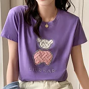 【MsMore】 氣質T恤減齡燙鑽小熊寬鬆圓領上衣# 112475 XL 紫色
