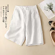 【ACheter】 設計風棉麻鬆緊腰直筒休閒寬鬆五分褲# 112626 M 白色