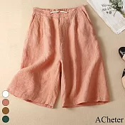 【ACheter】 設計風棉麻鬆緊腰直筒休閒寬鬆五分褲# 112626 L 粉紅色
