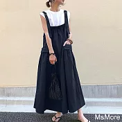 【MsMore】 南法減齡口袋可愛棉麻寬鬆背帶裙# 112644 FREE 黑色