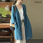 【AMIEE】慵懶風文藝寬鬆中長款棉麻外套(KDC-5746) 3XL 藍色