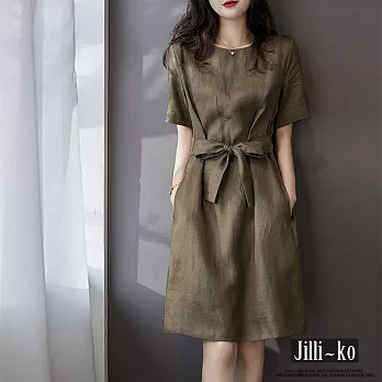 【Jilli~ko】夏季新款圓領氣質顯瘦繫腰帶舒適連衣裙 J8918　 FREE 墨綠色