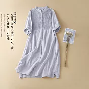 【ACheter】 復古法式寬鬆文藝褶皺棉麻洋裝# 112620 XL 藍色