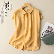 【ACheter】 時尚文青簡約純色棉麻刺繡上衣# 112679 XL 黃色