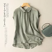 【ACheter】 時尚文青簡約純色棉麻刺繡上衣# 112679 L 綠色