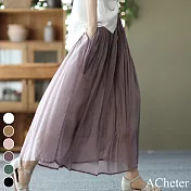 【ACheter】 輕盈大碼休閒飄逸鬆緊腰棉麻紗裙# 112688 L 紫色